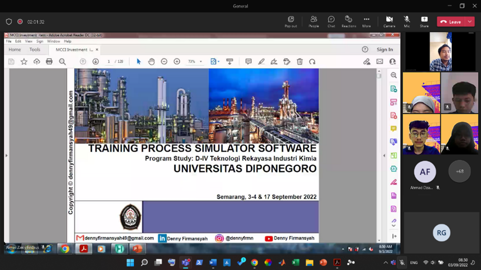 Himpunan Mahasiswa TRKI SV UNDIP Gelar Training Software Proses Simulasi “Aspen HYSYS” Berbasis Digital