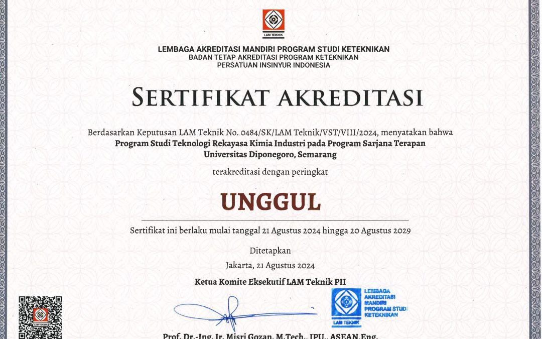 Akhirnya! Program Studi Teknologi Rekayasa Kimia Industri Sekolah Vokasi Universitas Diponegoro Mendapatkan Akreditasi Unggul